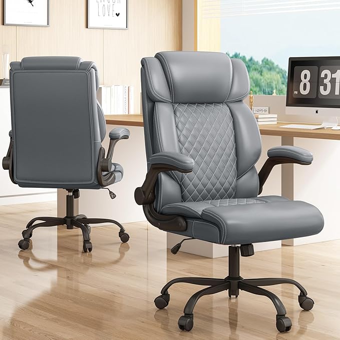 Office Chair, Ergonomic Big and Tall Executive Desk Chair, Breathable Leather Chair with Adjustable Flip-up Armrests, Lumbar Support Swivel Computer Chair with Rocking Function (Gray)