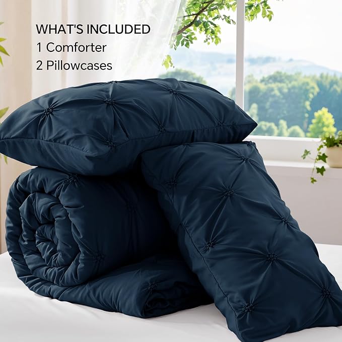 BEDELITE Navy Queen Comforter Set - 3 Pieces Boho Pintuck Bedding Comforter Sets, Lightweight Soft & Warm Bed Comforter Queen with 2 Pillowcases for All Season