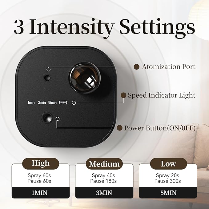 Scent Diffuser Waterless Essential Oil Diffusers with 3 Mist Modes,Cycle Start,Cordless Aroma Air Machine for 200 sq.ft Home/Office/Bedroom,Ultra Quiet,Includes 10ml Oil,Black