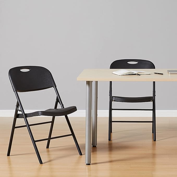 Amazon Basics Foldable Portable Sturdy Folding Plastic Chair, 350-Pound Capacity, Black, 2-Pack