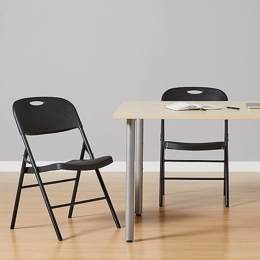 Amazon Basics Foldable Portable Sturdy Folding Plastic Chair, 350-Pound Capacity, Black, 2-Pack