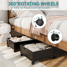 Bamboo Under Bed Storage Containers, Rolling Underbed Organizer with Wheels, Sturdy Under the Bed Shoe Storage Bins, Stackable Underbed Drawers for Bedroom Closet Clothing Toy 2 Packs (Black, Large)