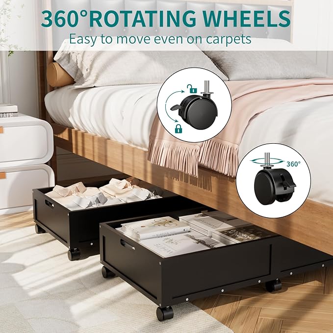 Bamboo Under Bed Storage Containers, Rolling Underbed Organizer with Wheels, Sturdy Under the Bed Shoe Storage Bins, Stackable Underbed Drawers for Bedroom Closet Clothing Toy 2 Packs (Black, Large)