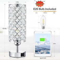 Crystal Touch Lamp with Touch Control, Sliver Table Lamp with USB-C+A Ports, 3 Way Dimmable Bedside Lamp Decorative Modern Nightstand Lamp, Bedroom Light for Living Room Side Table(Bulb Included)