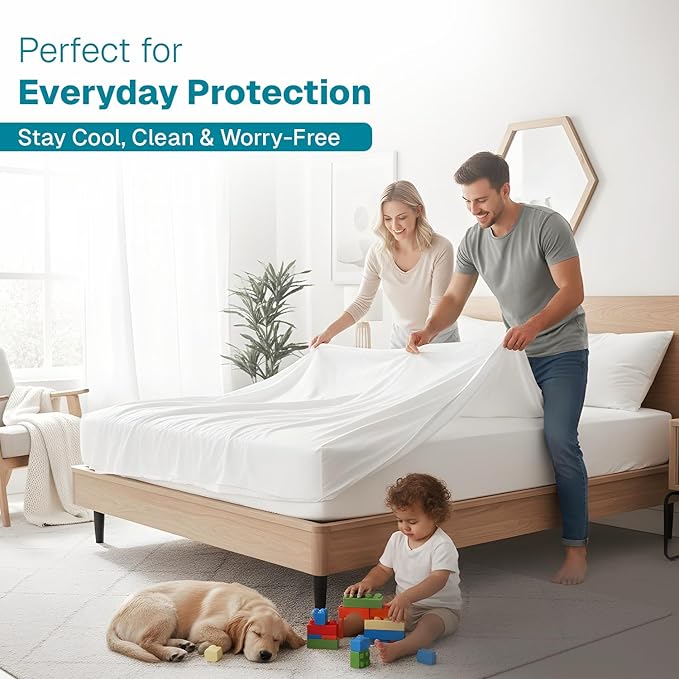 Fabdreams Organic Cal King Size Waterproof Mattress Protector, 74" x 86", White, Temperature Regulating, Breathable, 100% Organic Cotton