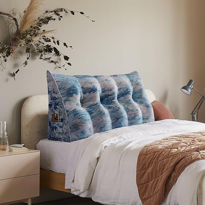 10 lbs Thickened Wedge Pillow Headboard Body Positioner Bed Wedge Pillow Backrest Support Triangular Headboard Pillow for Sleeping with Side Pocket Velvet Positioning Support Orchid Blue Full