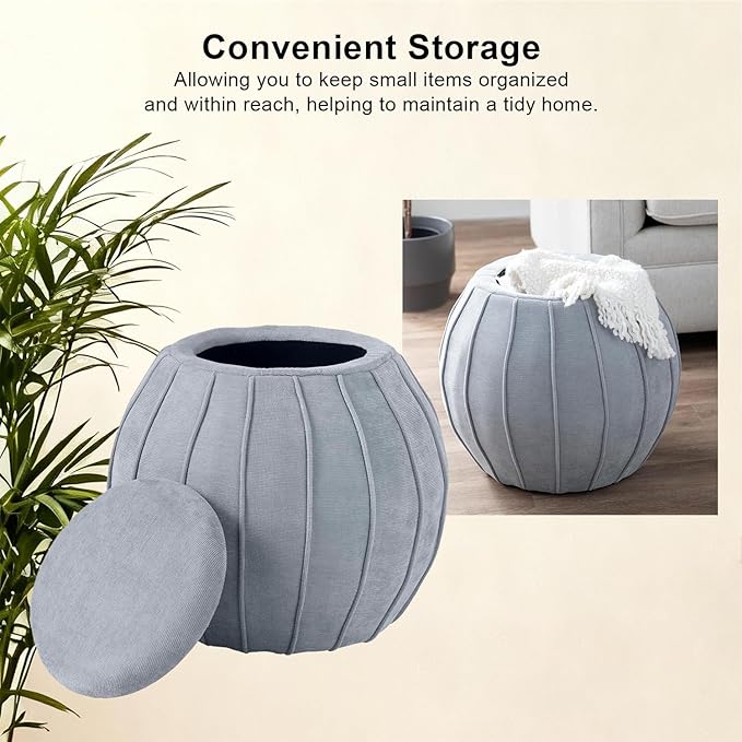 Crestview Collection 18" Foot Stool Ottoman, Round Storage Ottoman Removable Seat, Fabric Round Foot Rest, Vanity Stool, Extra Seating for Living Room, Bedroom, Entryway(Blue Grey)