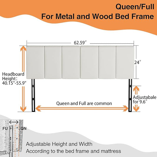 Yongchuang Upholstered Headboard Queen White Faux Leather Headboard for Queen/Full Size Bed Adjustable Height Foldable Heaboard