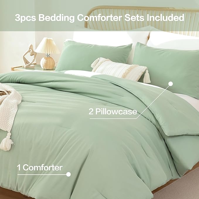 ROSGONIA California King Comforter Set Sage Green, 3pcs(1 Boho Cal King Comforter & 2 Pillowcases), All Season Lightweight Bedding Blanket Quilt