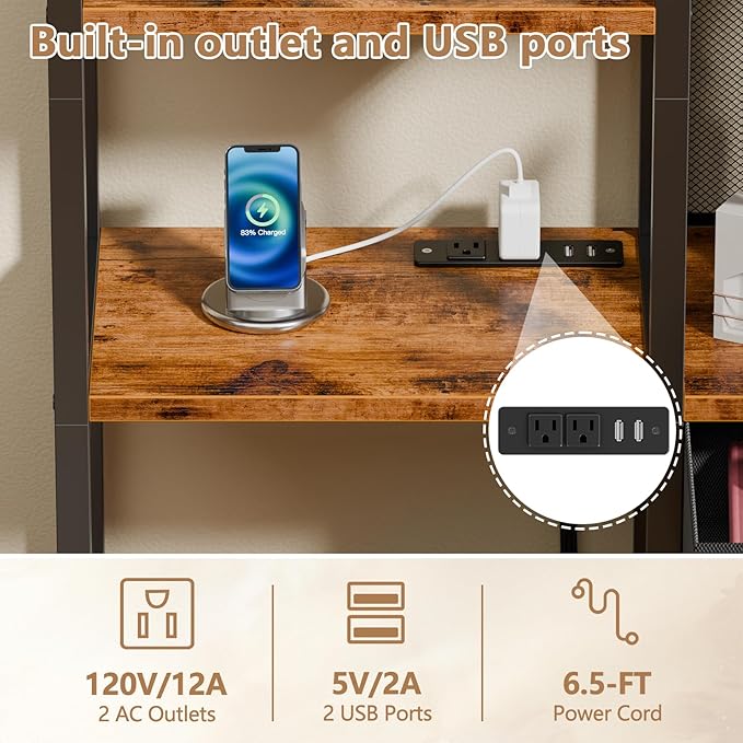 Furologee 6 Tier Bookshelf with USB Ports and Power Outlet, Book Shelf with Charging Station, Bookcase with Drawer, Storage Shelves for Bedroom, Home Office, Living Room, Bathroom, Rustic Brown