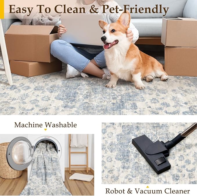 8x10 Washable Neutral Area Rug Blue Vintage Living Room Bedroom Carpet Non-Slip Soft Low Pile Floral Indoor Large Throw Rug for Dining Room Office