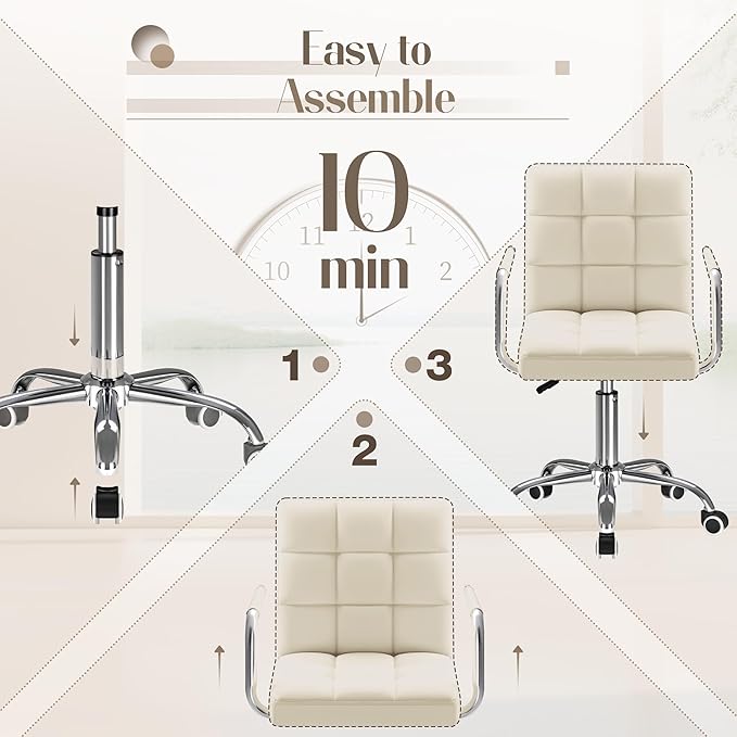 Furmax Mid-Back Office Task Chair Ribbed PU Leather Executive Chair Modern Adjustable Home Desk Retro Comfortable Work Chair 360 Degree Swivel with Arms (Beige)
