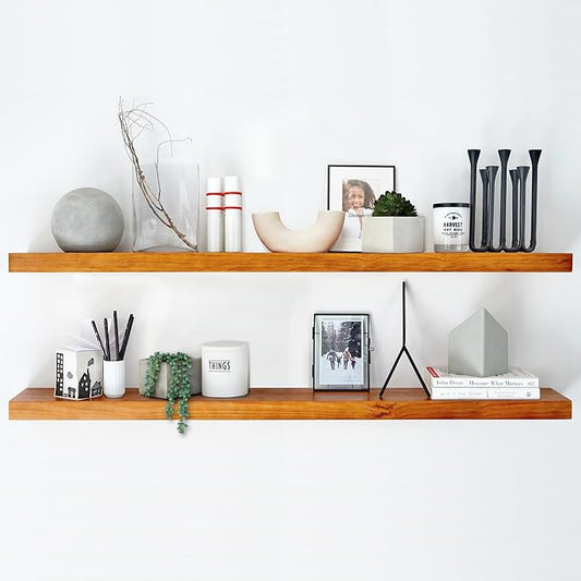 Homeforia 48 inch Oak Floating Shelf, High End Solid Real Wood 48inch Floating Shelves for Wall Mounted, Honey Oak Wooden 48in Large Floating Shelves, Heavy Duty Bracket, 48 X 6.5 X 1.75 in, Set of 3