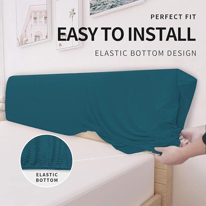Easy-Going Stretch Bed Headboard Cover,Small Square Jacquard Headboard Slipcover, Dustproof Bed Head Cover for Bedroom (King,Peacock Blue)
