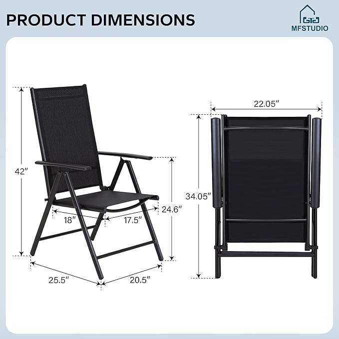 MFSTUDIO Patio Folding Chairs Set of 6, Outdoor Patio Dining Chairs, Portable Black Sling Patio Chairs, 7 Levels Adjustable Sling Back Chairs for Backyard Lawn Garden