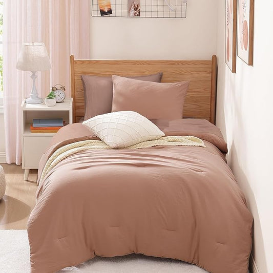 WRENSONGE Twin Comforter Set- 5 Pieces Clay Pink Twin Bed in a Bag, All Season Twin XL Bedding Sets with 1 Fitted Sheet, 1 Flat Sheet, 1 Pillow Sham and 1 Pillowcase