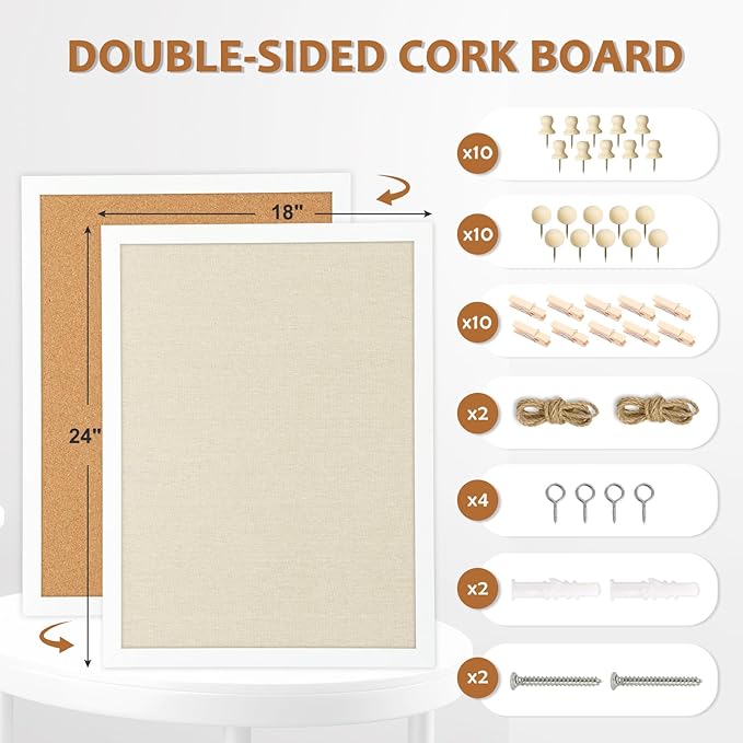 Double-Sided Large Cork Board with Linen, 24" x 18" Hanging Wood Framed Bulletin Board, Picture Display Vision Board Corkboards for Wall Room School Office Decor, 20 Pushpins,1pack