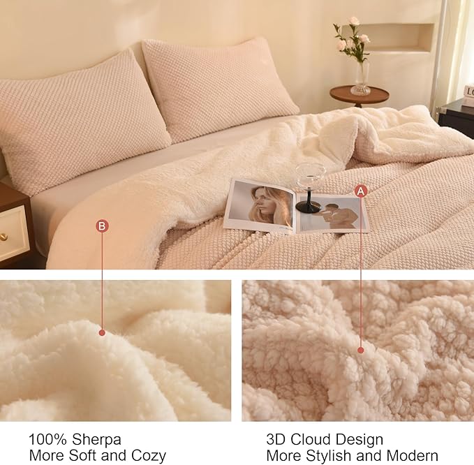 3D Jacquard Design Comforter Set, Ultra-Soft Warm Queen Size Sherpa Fur Plush 3-Pieces Sets Luxury Cozy Bedding with 2 Pillowcases (90"x90", Cream White)