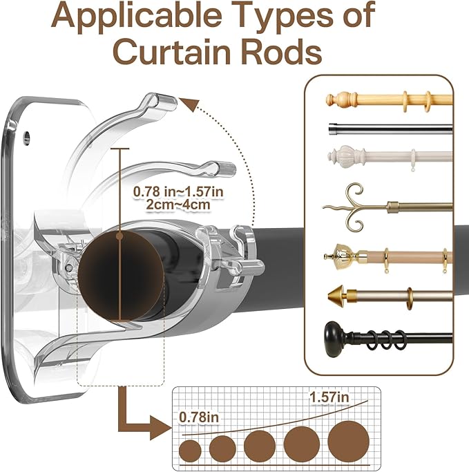 No Drill Curtain Rod Brackets No Drilling Holder 20lb - Renter Friendly Self Adhesive Hooks for Apartment Dorm Classroom Essentials Decor Hanging Drapes Rv Over Blinds Kitchen Bedroom Home