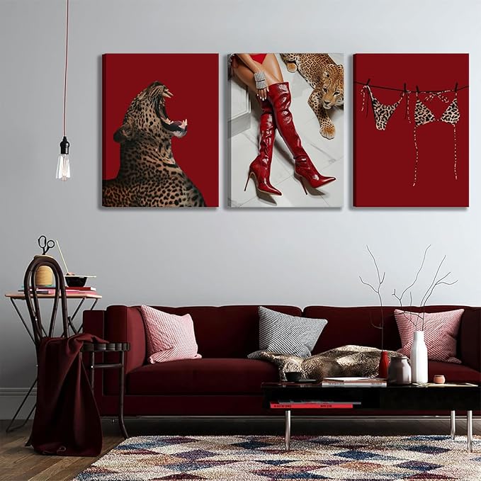 XLYFVLGF 3Pcs Red Fashion Leopard Canvas Wall Art Cheetah Wall Decor Pictures Stylish long boots print Bikini Painting Artwork for Living Room Bedroom Bathroom Corridor Home Decoration 12x16in