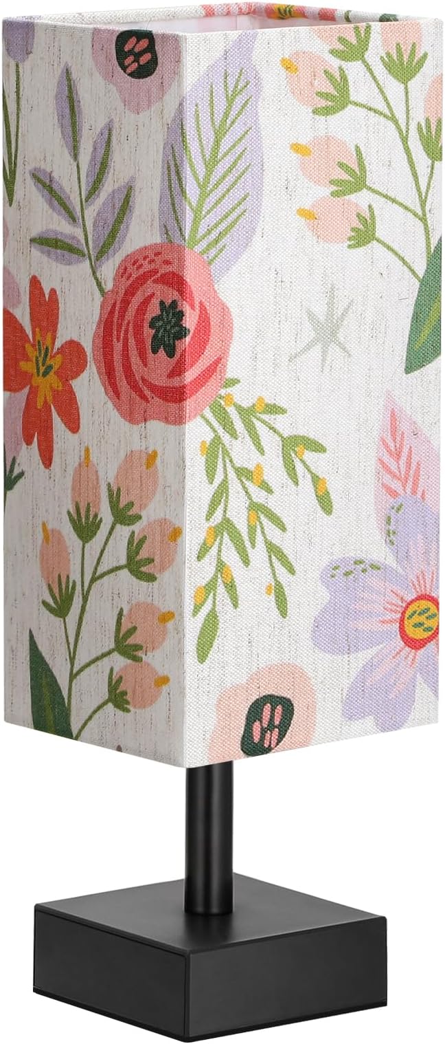 aooshine Flower Table Lamp for Bedroom - Bedside Lamp for Nightstand, Minimalist Night Stand Light Lamp with Square Fabric Shade, Desk Reading Lamps for Kids Room Living Room Office Dorm
