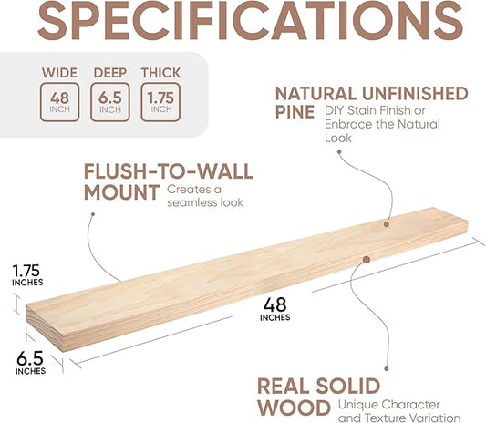 Homeforia Wood 48 inch Floating Shelf, High End Solid Natural Wood 48inch Floating Shelves for Wall Mounted, Unfinished Wooden Large Floating Shelves, Heavy Duty Bracket, 48 X 6.5 X 1.75 in, Set of 2