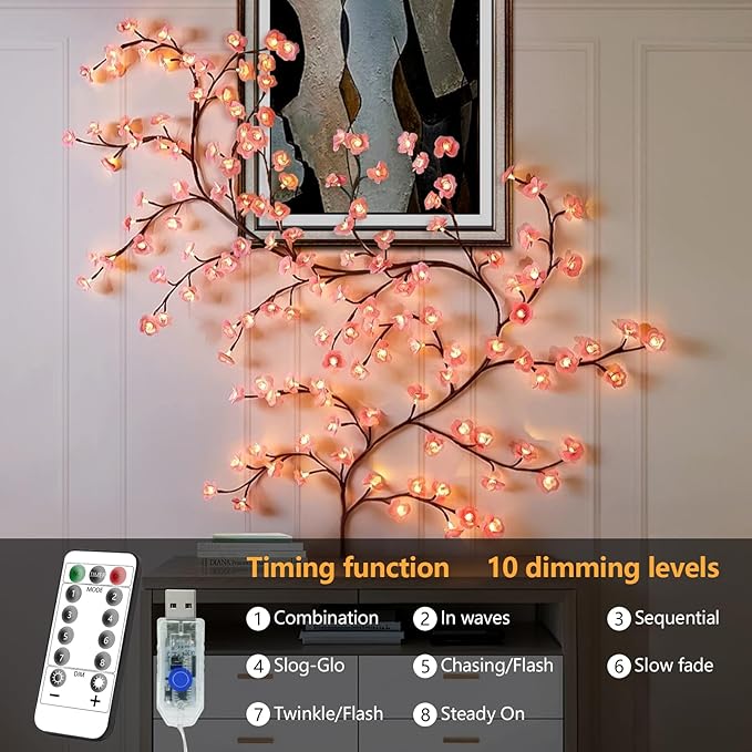 Cherry Enchanted Willow Vine Lights, 5.25FT 72LED Pink Cherry Blossom Tree Branch Lights for Wall, Remote Timer,8 Light Model,Bedroom Wall Doors Wedding, Christmas, USB Battery Box