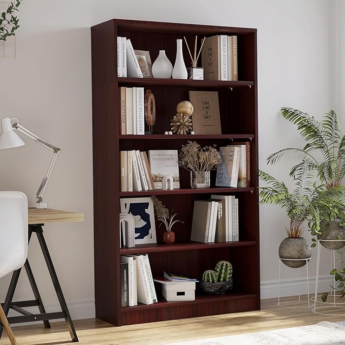 Farini 5 Shelf boockase Display Bookcase Freestanding Wooden Bookshelves for Home Office Living Room,60 Inch Height,Mahogany