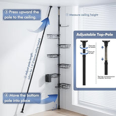 Shower Caddy Organizer Tension Pole, Rustproof 6-Pack Corner Shelf with 30-120 Inch Adjustable Shower Rack for Inside Shower, Extra Towel Bar & Soap Dish for Bathroom Organizers and Storage, Black