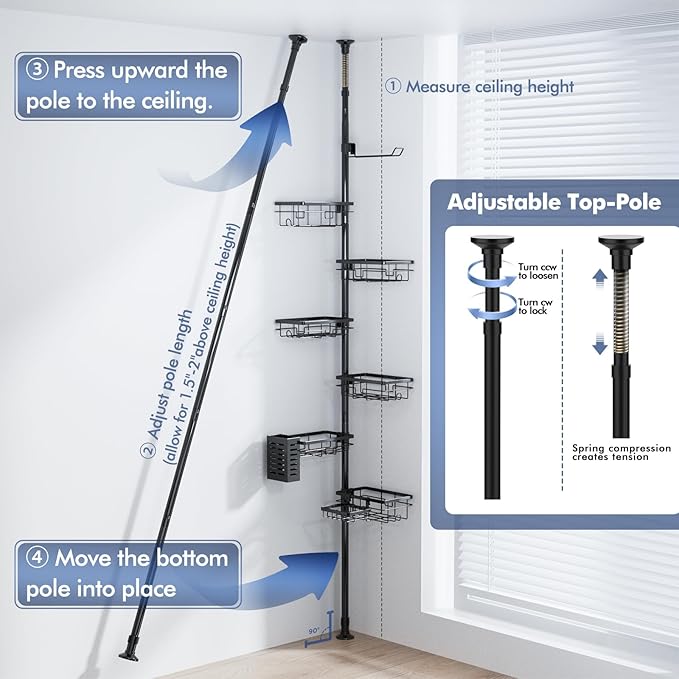 Shower Caddy Organizer Tension Pole, Rustproof 6-Pack Corner Shelf with 30-120 Inch Adjustable Shower Rack for Inside Shower, Extra Towel Bar & Soap Dish for Bathroom Organizers and Storage, Black