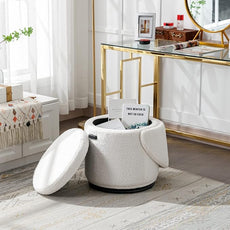 Modern Swivel Ottoman Vanity Chair, Sherpa Upholstered Barrel Club Chairs 360°Degree Swivel Side Chair with Storage, Comfy Makeup Stool for Bedroom Living Room, White