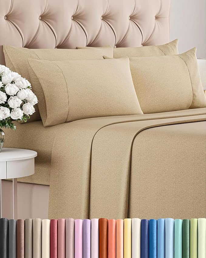 Queen 6 Piece Sheet Set - Cooling & Breathable Bed Sheets - Hotel Luxury Bed Sheets for Women, Men, Kids & Teens - Bedding w/Deep Pockets & Easy Fit - Soft & Wrinkle Free - Queen Heathered Tan Sheets