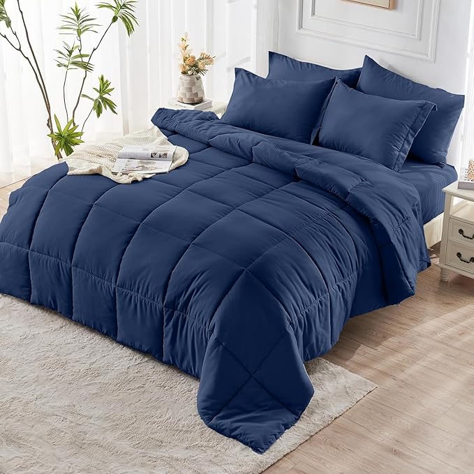 JOLLYVOGUE Twin Comforter Set, Ultra-Soft Bed in a Bag Twin Size 5 Pieces, Oeko-TEX Certified Bedding Set with Down Alternative Comforter, Sheets, Pillowcases & Shams, Navy