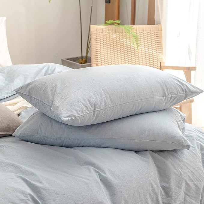 BESTOUCH Duvet Cover Set 100% Washed Cotton Linen Feel Super Soft Comfortable Chic Lightweight 3 PCs Home Bedding Set Solid Cornflower Blue Oversized Queen