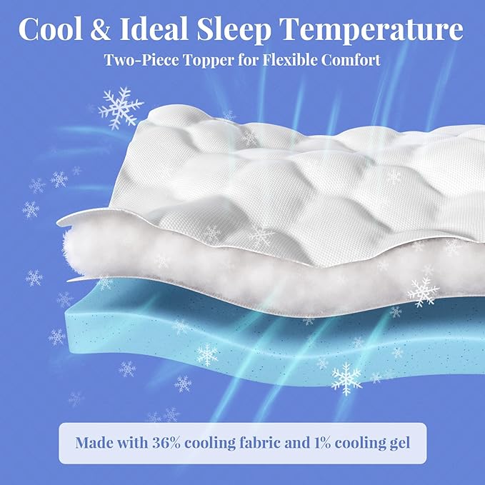 OhGeni Cooling 4 lnch Queen Size Dual Layer Mattress Topper, 2 Inch Gel Memory Foam, 2 Inch Soft Pillow Top Pad, Guest Bedroom Essentials Mattresses Cover, Extra Comfortable Sleep and Back Pain Relief