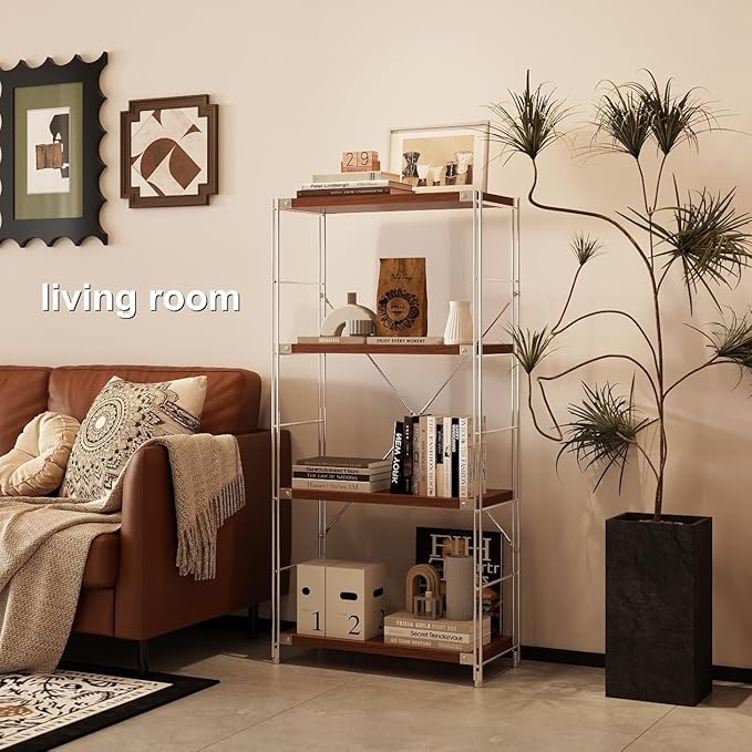 4-Tier Industrial Bookshelf, Storage Bookcase for Living Room, Bedroom, Home Office, and Kitchen, Dark Walnut, 13"x24"x52" Inches
