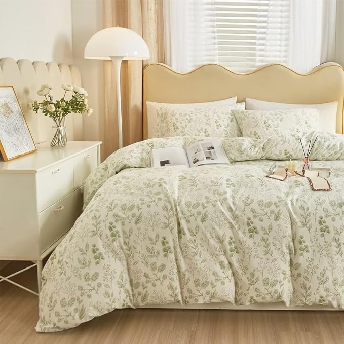 MKXI Country Botanical Comforter Set King Size White with Green Plants Print Lightweight Bedding for Girls All Season Warm Soft Comforter Sage Green Floral