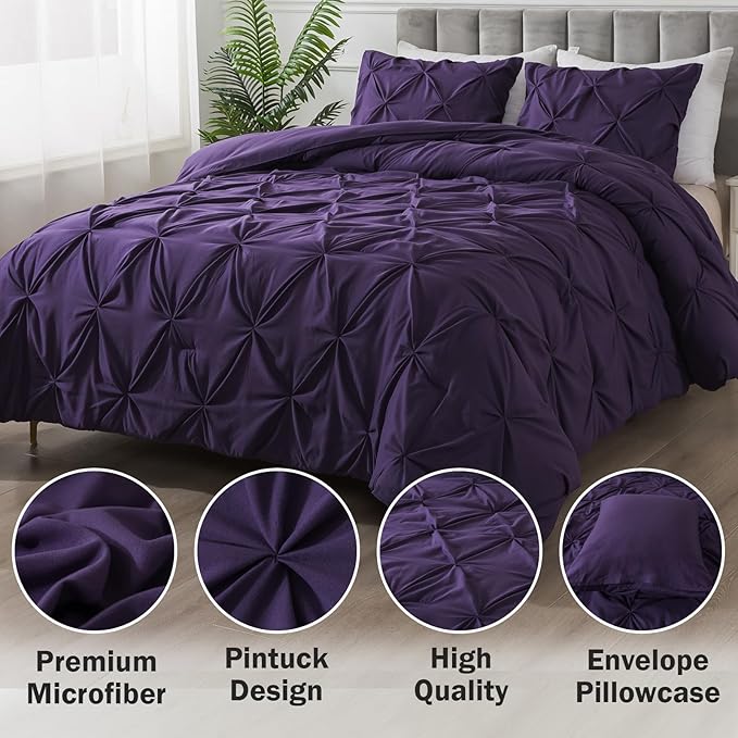 Andency California King Comforter Set Purple (104x96Inch), Pinch Pleat Cal King Comforter Set 3 Pieces, Oversized King Pintuck Bed Comforter, Microfiber Down Alternative Comforter Bedding Set