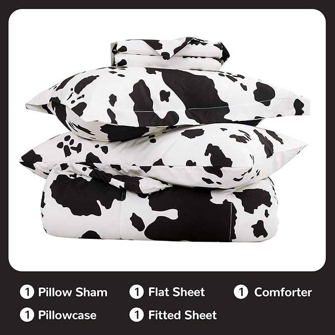 Viviland Kids Twin Bedding Sets for Girls, Boys Soft Twin Comforter Set with Sheets, 5 Pieces Microfiber Bed in a Bag, Cow Animal