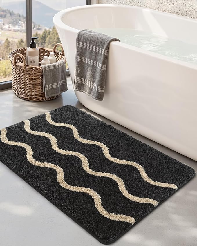 DEXI Wave Striped Bathroom Rug Washable, 24x36 Non Slip Bath Mat Absorbent, Ultra Soft Plush Microfiber Bathmat Quick Dry for Shower Floor, Tub, Sink, Black