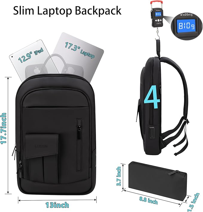 Business Backpack for Men Slim Lightweight Laptop Backpack for 17.3 Inch Computer Water Resistant Small Office Backpack for Commute Travel Daily Office Work with Small Bag (Black)