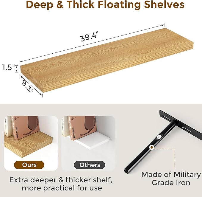 Fun Memories 40 Inch Floating Shelves for Wall, 9.3 Inch Deep Shelves for Books & Decor, Wall-Mounted Floating Shelf 40 Inch Long Set of 2, Rustic Wooden Shelf for Living Room, Bedroom, Kitchen, Oak