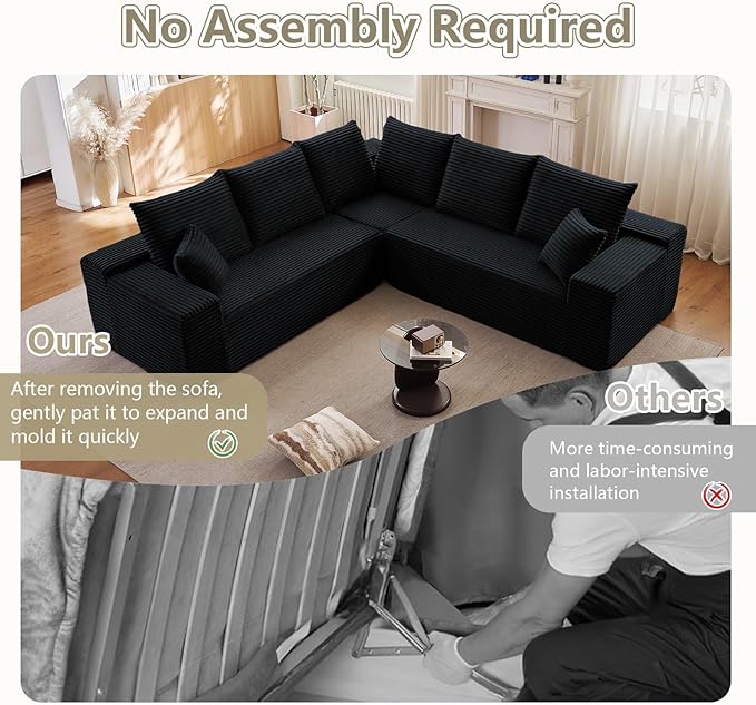 Sectional Cloud Couch for Living Room, Modern Modular Floor Deep-Seat Sofa, Upholstered L Shaped Sofas, Big Comfy Corduroy Couches Set for Living Room Bedroom, No Assembly Required, Black