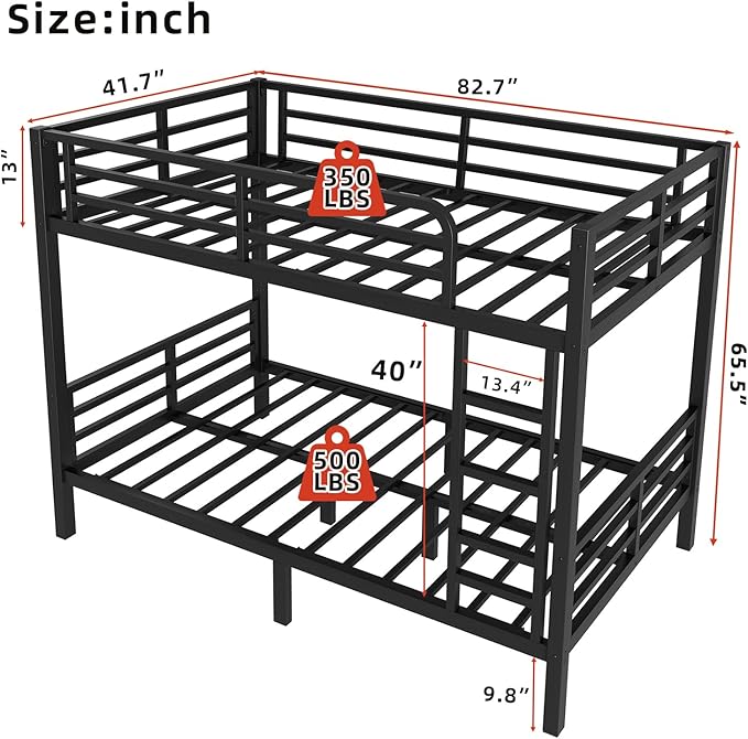 Twin XL Over Twin XL Bunk Bed, Metal Bunk Bed Frame Heavy Duty Bunk Beds Loft Bed Frame with Ladder and Guardrail Metal Slats No Box Spring Required for Adults Teens, Black