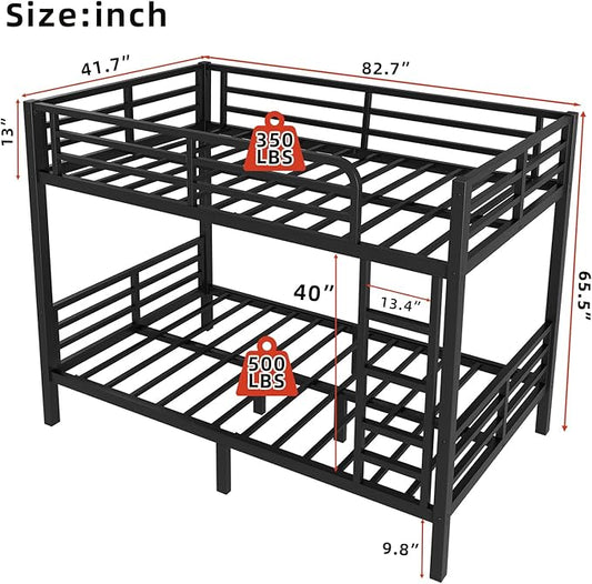 Twin XL Over Twin XL Bunk Bed, Metal Bunk Bed Frame Heavy Duty Bunk Beds Loft Bed Frame with Ladder and Guardrail Metal Slats No Box Spring Required for Adults Teens, Black