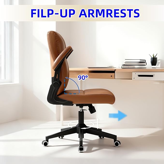 Ergonomic Home Office Desk Chair with Space Saving Flip-Up Arms, 360° Swivel & Reclining Back, Executive Chair in Soft Faux Leather Chair Multi-Angle from 90° to 135° with 450LBS Capacity(Brown)