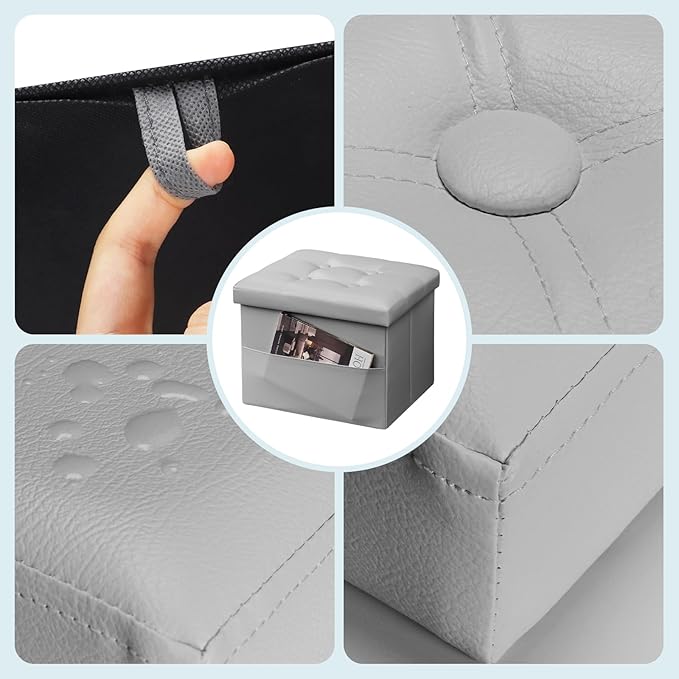 Storage Ottoman Foot Rest Stool, Small Leather Storage Ottomans Bench, Folding Footstool with Side Pockets, Foot Rest Under Desk for Living Room Bedroom, 16x12x12 in, Grey