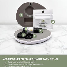 Essence Pearl Travel Case - Wearable Aromatherapy Kit with Nasal Diffuser Rings, Soaking Bay, and 5mL Essential Oil – Portable Wellness Gift Set for On-The-Go Self Care