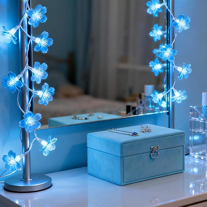 Cute Blue Cherry Blossom Flower Fairy String Lights Indoor Bedroom Decor, 10ft 30 LED Battery & USB Operated Lighted Up Floral lamp for Birthday Wedding Home Valentine Party Decorations (Blue)