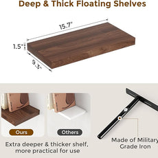 Floating Shelves 16 Inch Long, Wall-Mounted Bathroom Shelves Set of 2, 9.3 Inch Deep Shelf for Home Storage & Display, Wooden Deep Wall Shelves for Bedroom, Living Room, Kitchen, Walnut Color